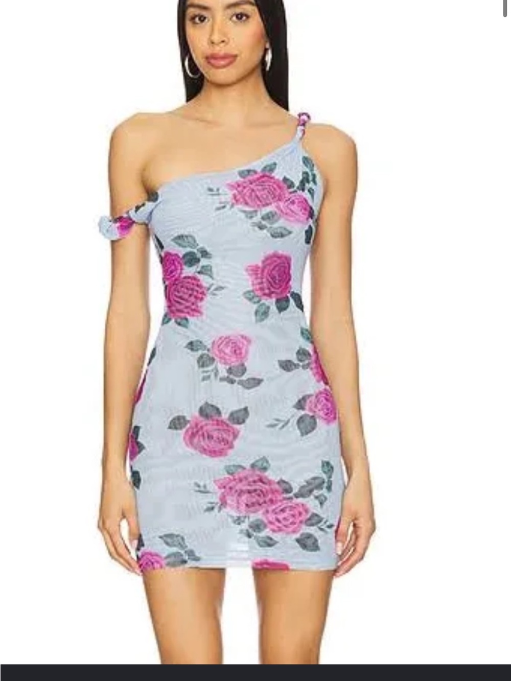 Good American One-Shoulder Floral Mini Dress in Light Blue and Pink